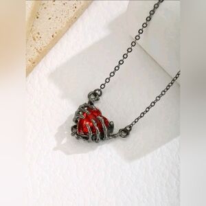 NEW Gothic Heart In Hands Necklace with Fiery Red Stone